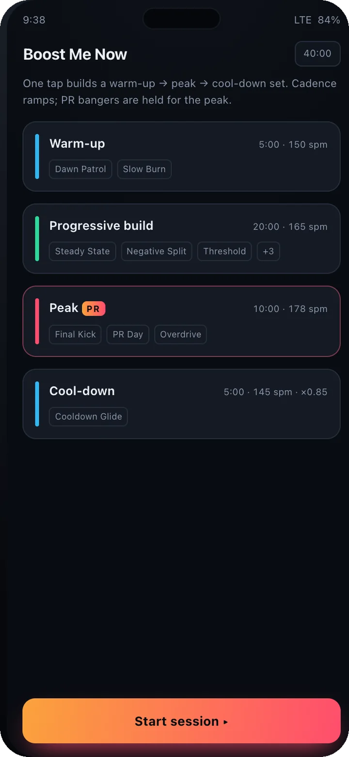 PeakBeat screen: Workout DJ — Warm-up to cool-down, generated in one tap.