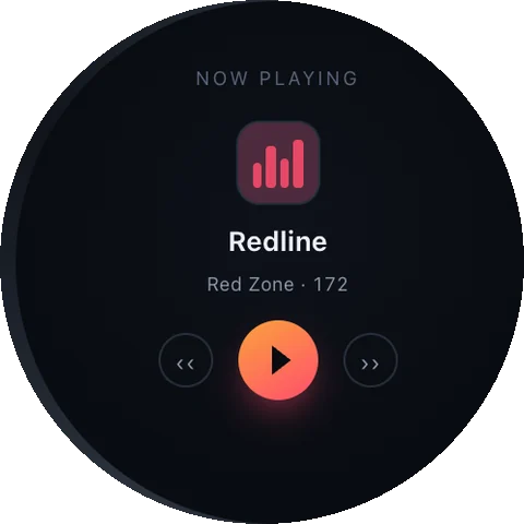PeakBeat watch screen: Watch · now playing — Transport on the round face.