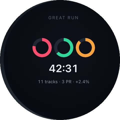 PeakBeat watch screen: Watch · summary — Rings for zone, cadence and effort.