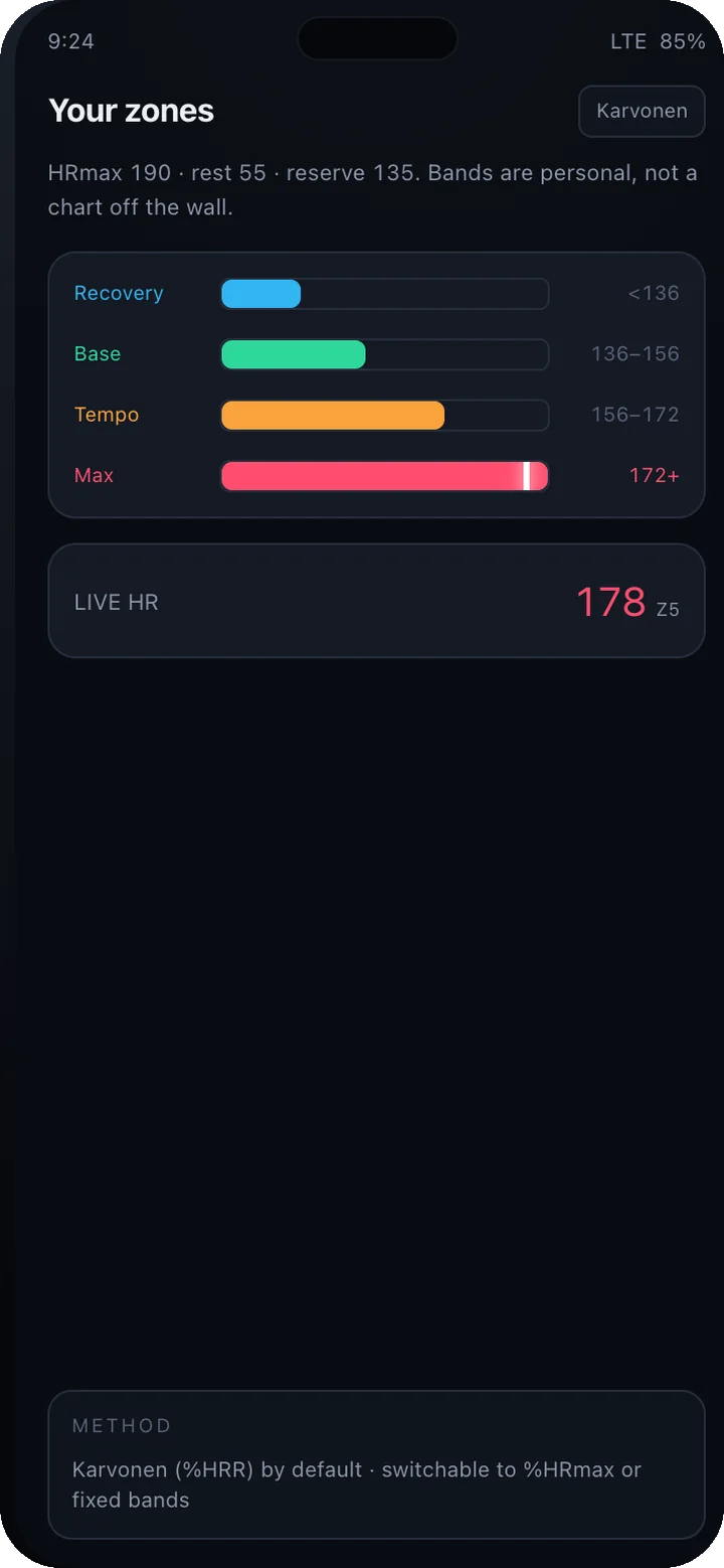 PeakBeat screen: Zones — Your bands, your thresholds, your live pulse.
