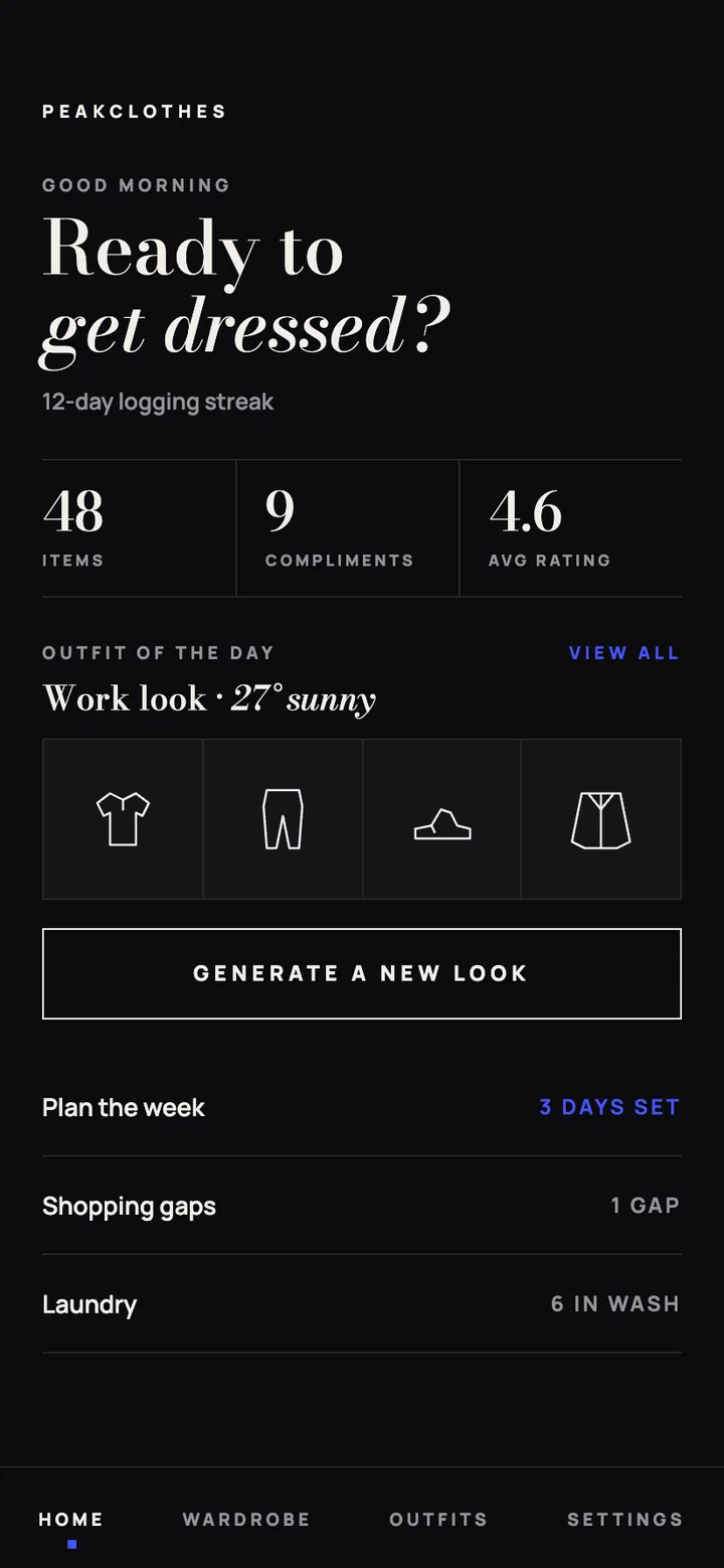 PeakClothes on a phone: Home