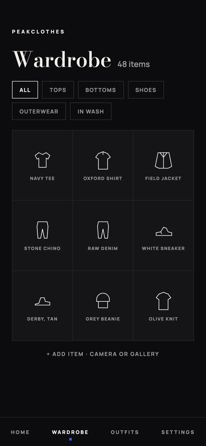 PeakClothes screen: Wardrobe — Everything you own, filterable, with what is in the wash.