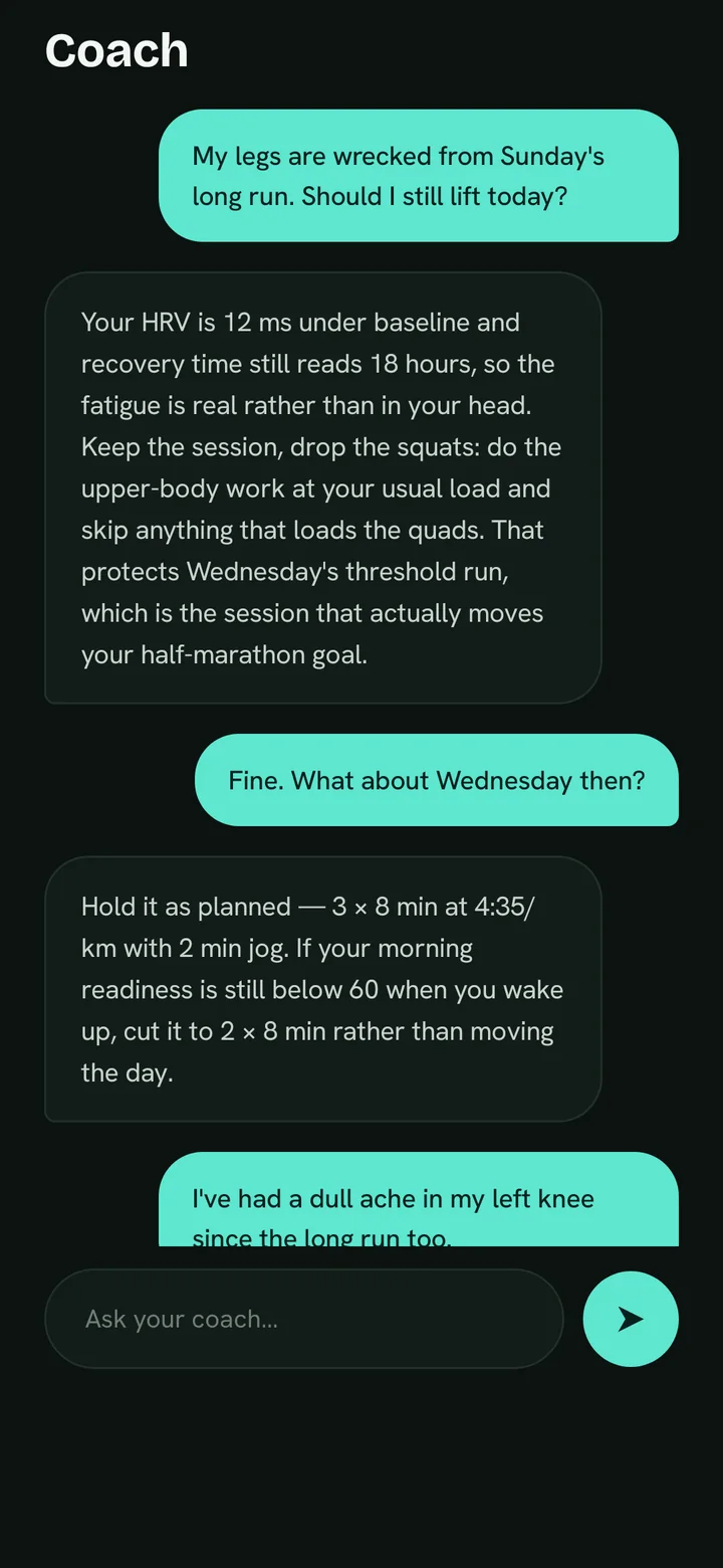 PeakU screen: Coach — Plain-language answers grounded in your HRV, load and sleep.