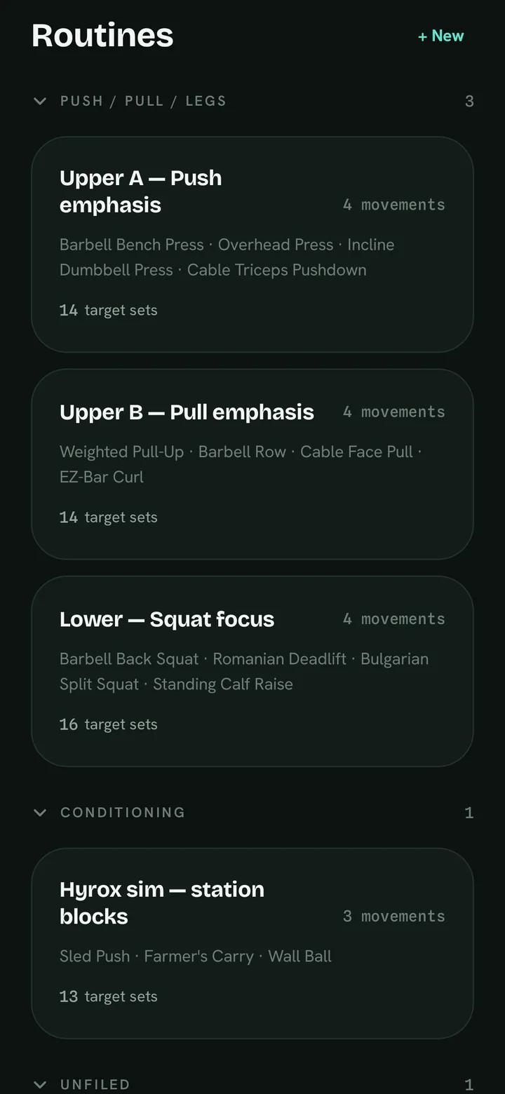 PeakU screen: Routines — Push / pull / legs programs that push to Hevy.