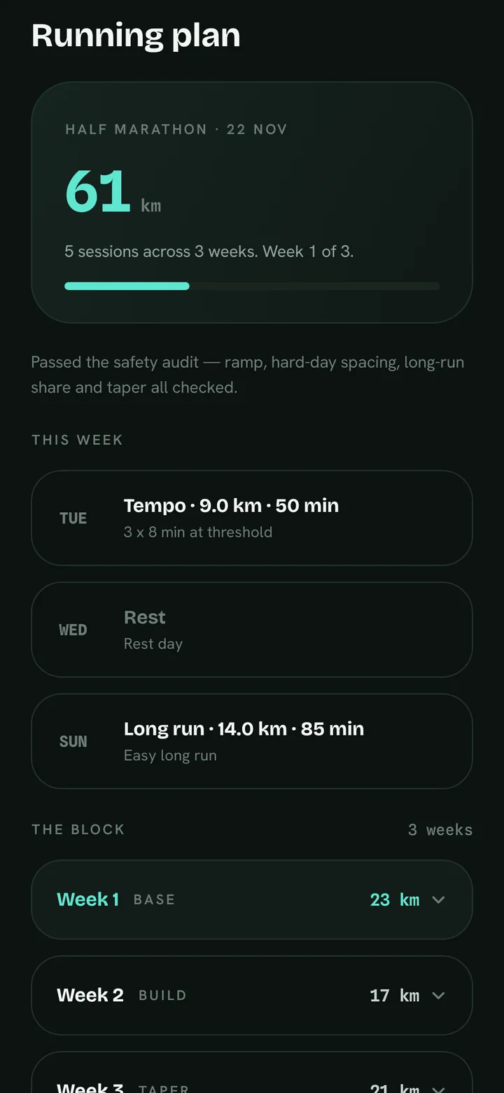 PeakU screen: Running plan — A half-marathon block, safety-audited and week by week.