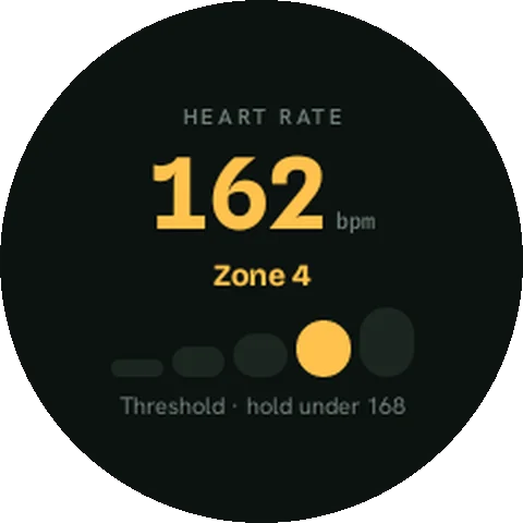 PeakU watch screen: Watch · zones — Live heart-rate zone with a threshold cue.