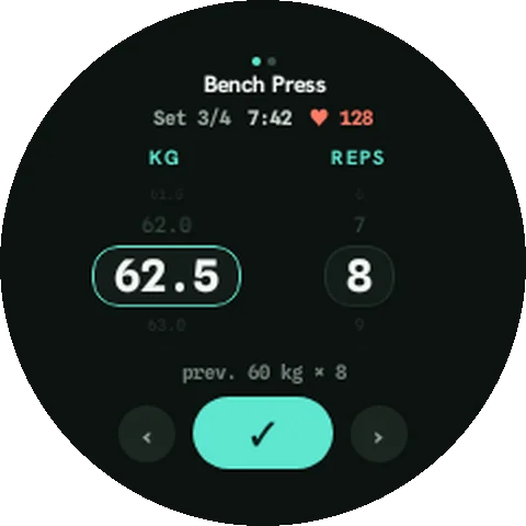 PeakU watch screen: Watch · lifting logger — Sets, reps and rest on the wrist.
