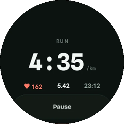 PeakU watch screen: Watch · live run — Pace, heart rate and time with no phone.