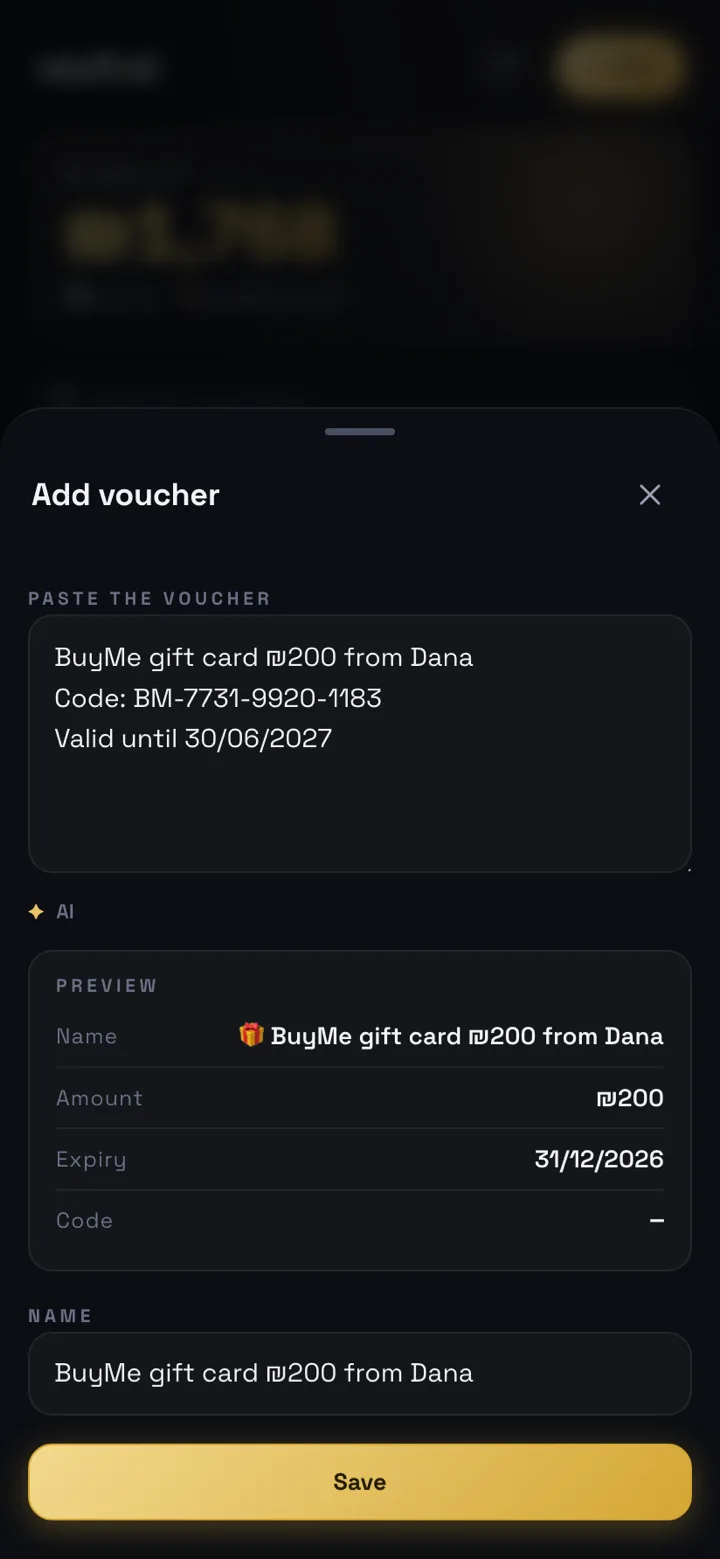 PeakVoucher screen: Add by paste — Paste the message; the name, sum, expiry and code are read out.