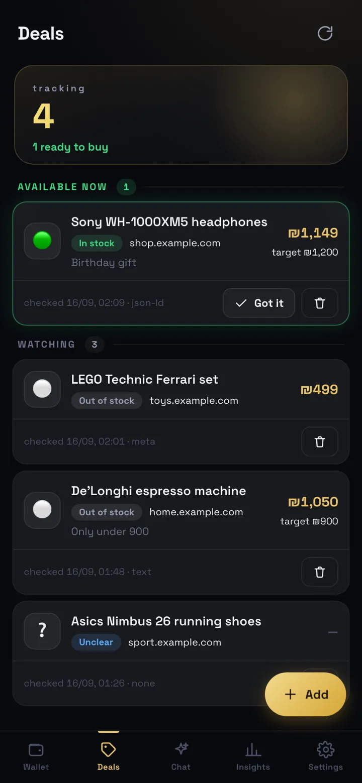 PeakVoucher screen: Deals — Tracked links, re-checked daily, with what is buyable on top.