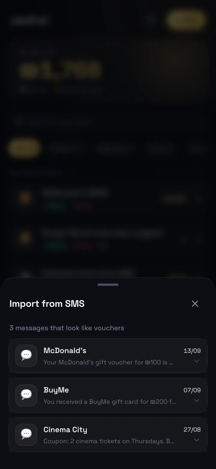 PeakVoucher screen: Import from SMS — Only voucher-looking messages, ranked; passcodes never appear.