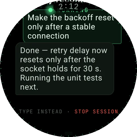 PeakWatch watch screen: Chat — Replies stream to the wrist as each turn completes.