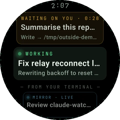 PeakWatch watch screen: Needs you — A blocked agent sits at the top with a live countdown.
