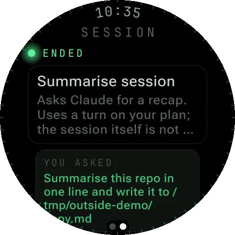 PeakWatch watch screen: Session page — Both ends of the exchange, and Summarise session.