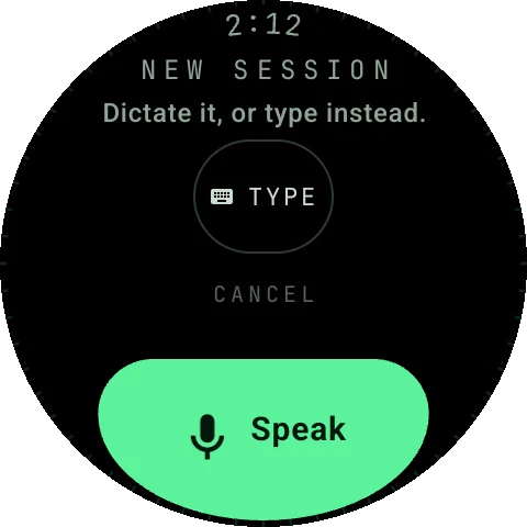 PeakWatch watch screen: Speak or type — Dictate a prompt, or open the keyboard for anything spoken badly.